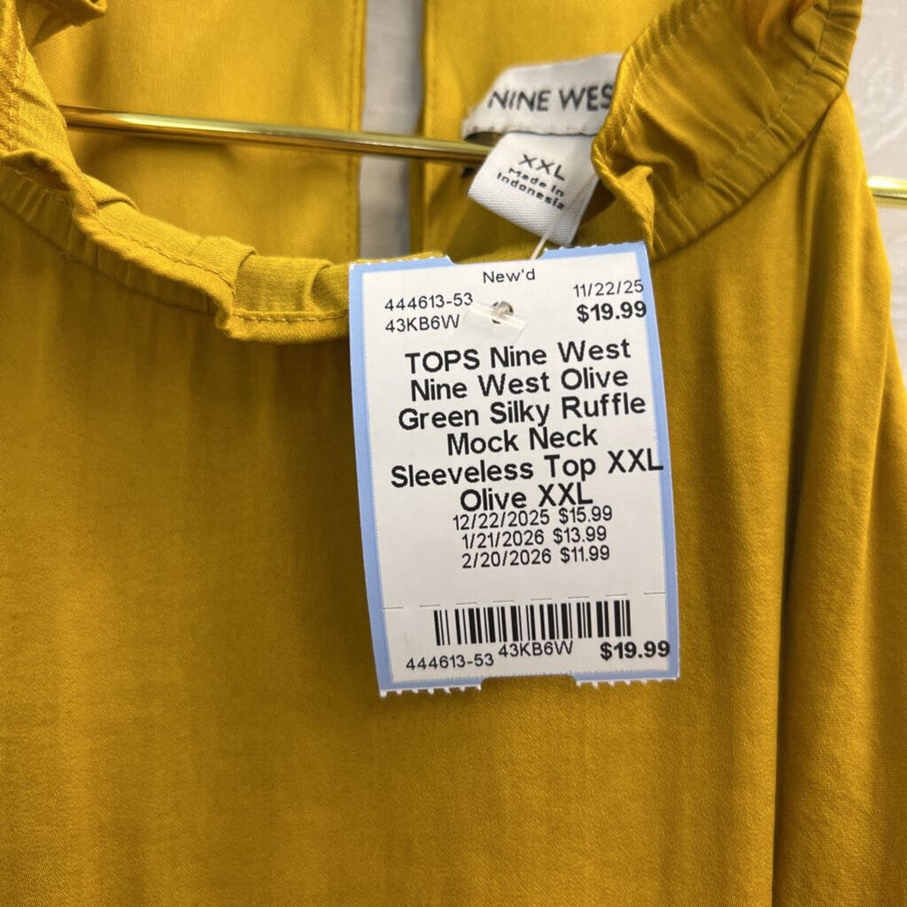 Nine West Olive Green Silky Ruffle Mock Neck Sleeveless Top XXL