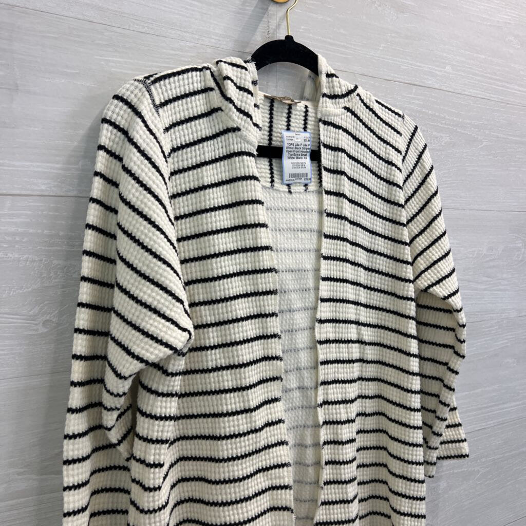 Lilla P White/ Black Striped Open Front Hooded Top Extra Small