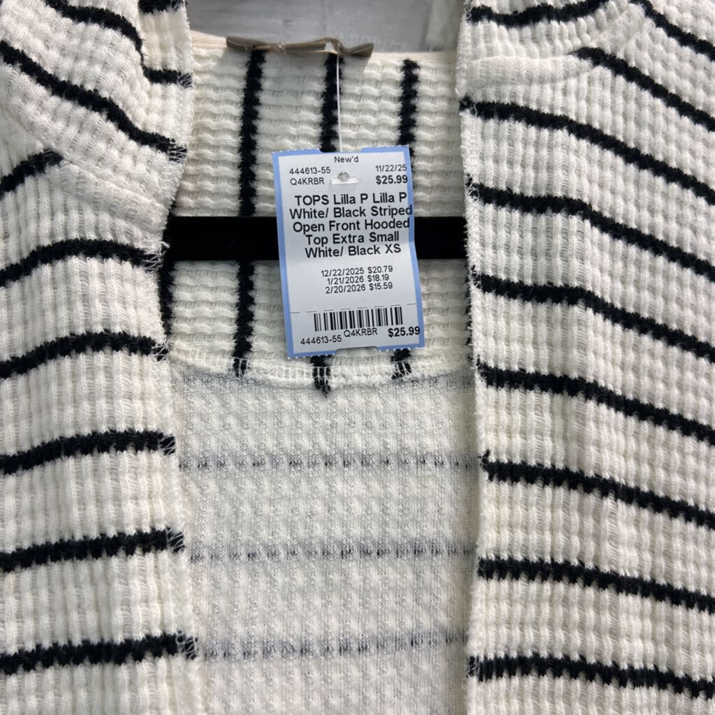 Lilla P White/ Black Striped Open Front Hooded Top Extra Small