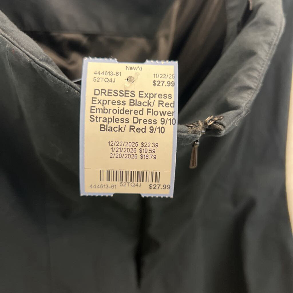 Express Black/ Red Embroidered Flower Strapless Dress 9/10