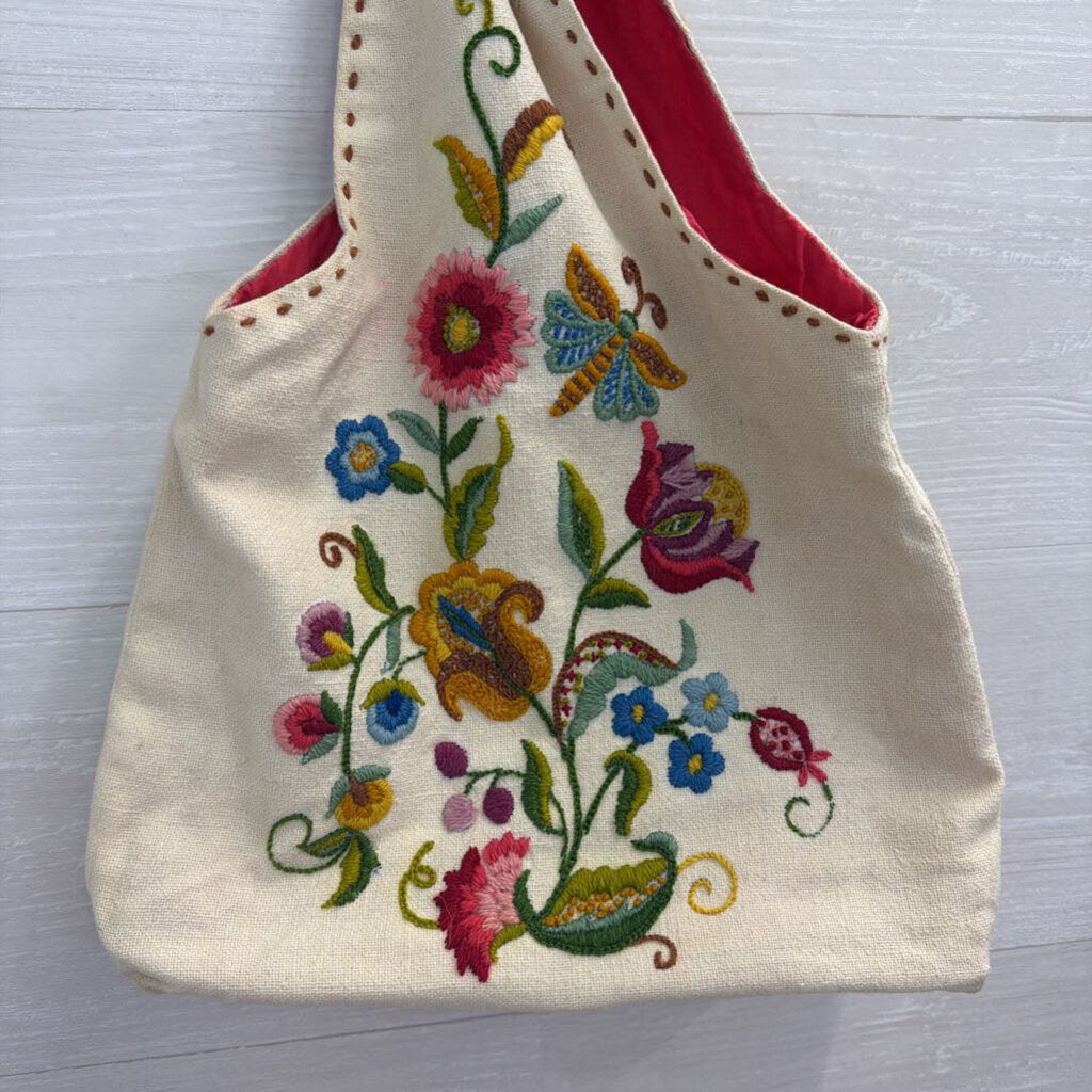 Cream/ Multi Embroidered Canvas Purse