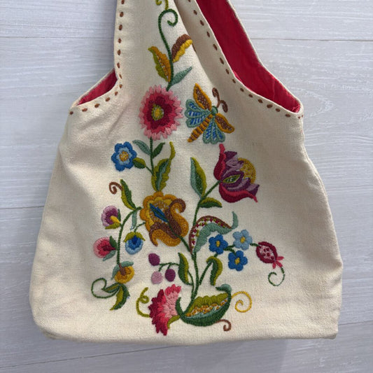 Cream/ Multi Embroidered Canvas Purse