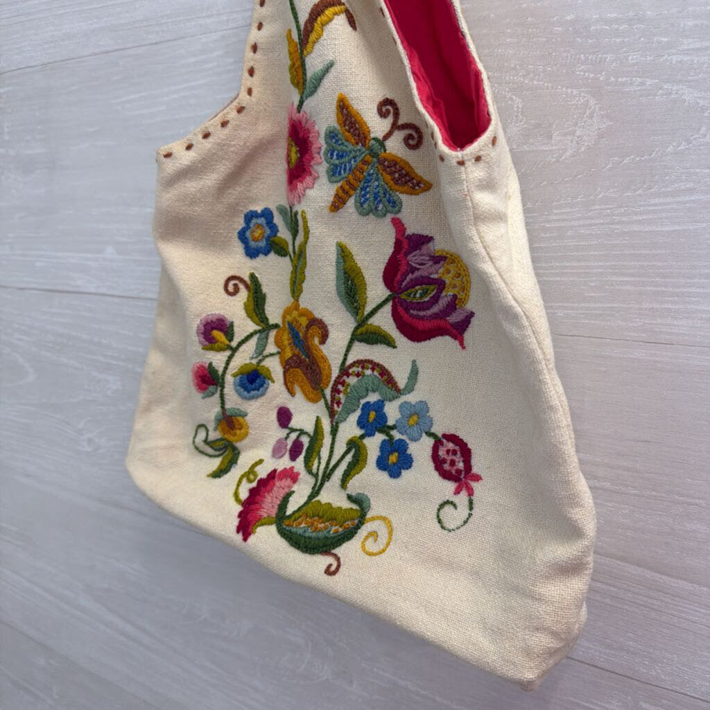 Cream/ Multi Embroidered Canvas Purse