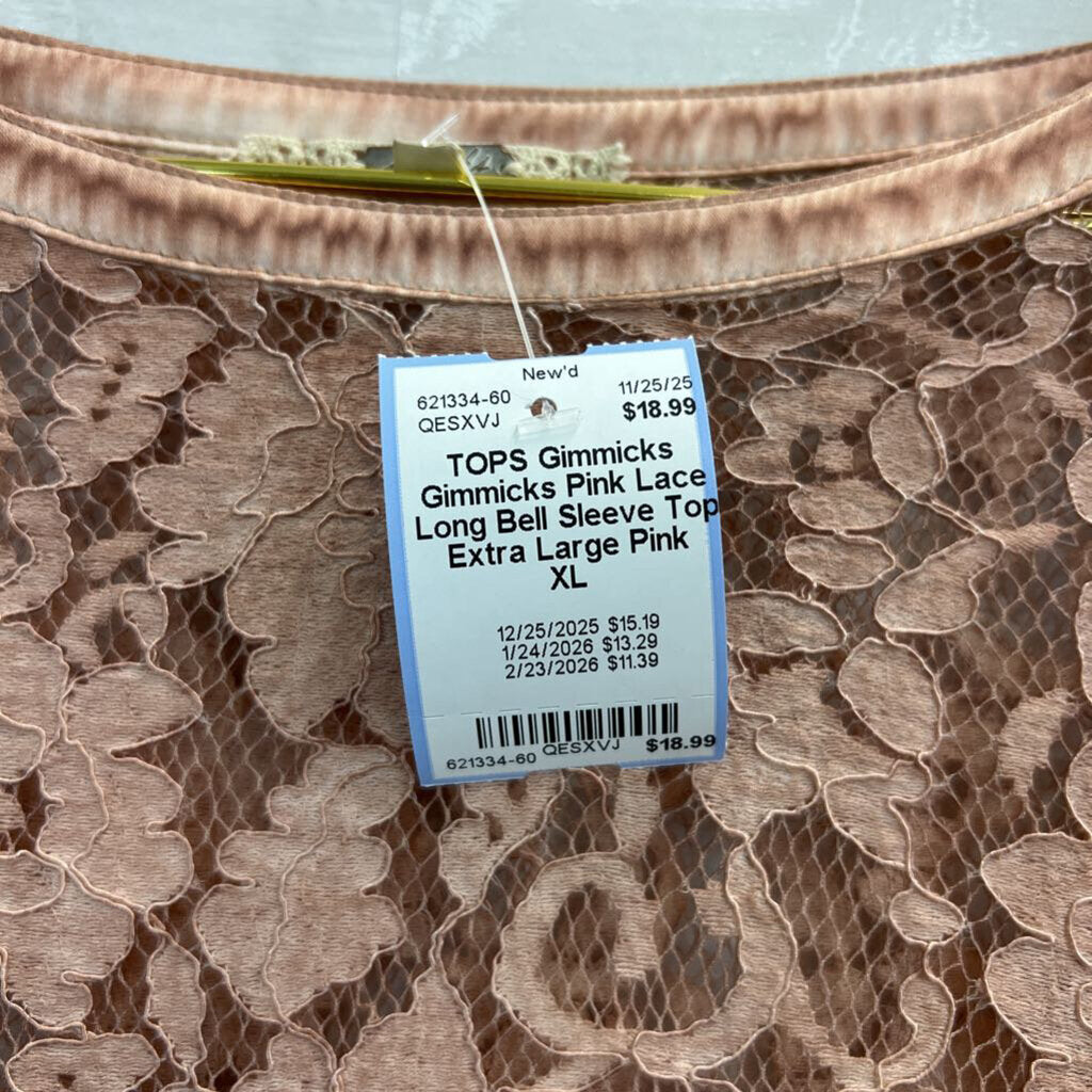 Gimmicks Pink Lace Long Bell Sleeve Top Extra Large