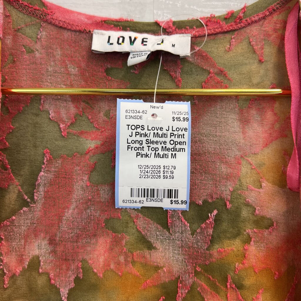 Love J Pink/ Multi Print Long Sleeve Open Front Top Medium