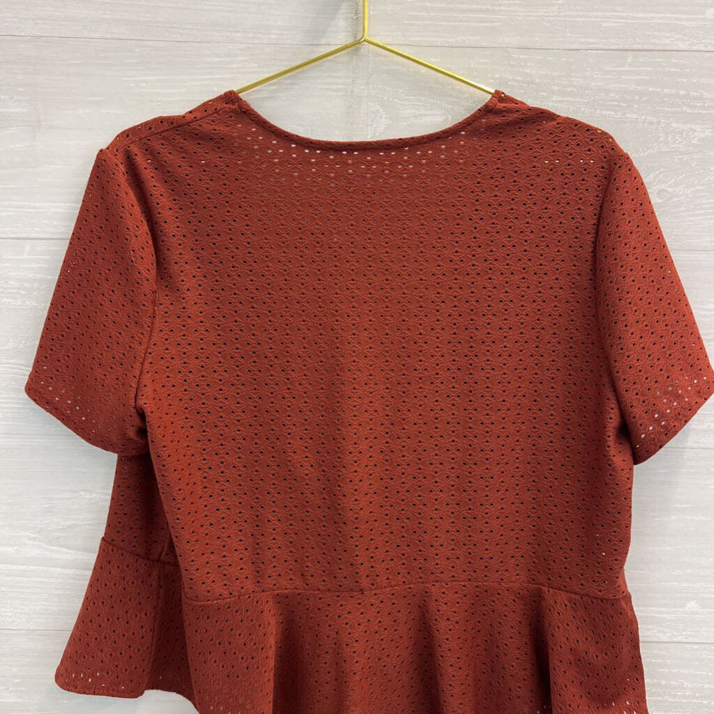 Burnt Orange Short Sleeve Open Tie Front Top Large
