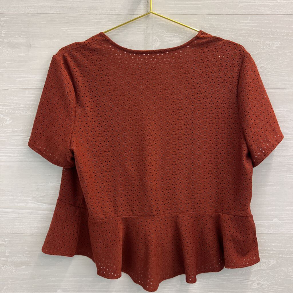 Burnt Orange Short Sleeve Open Tie Front Top Large