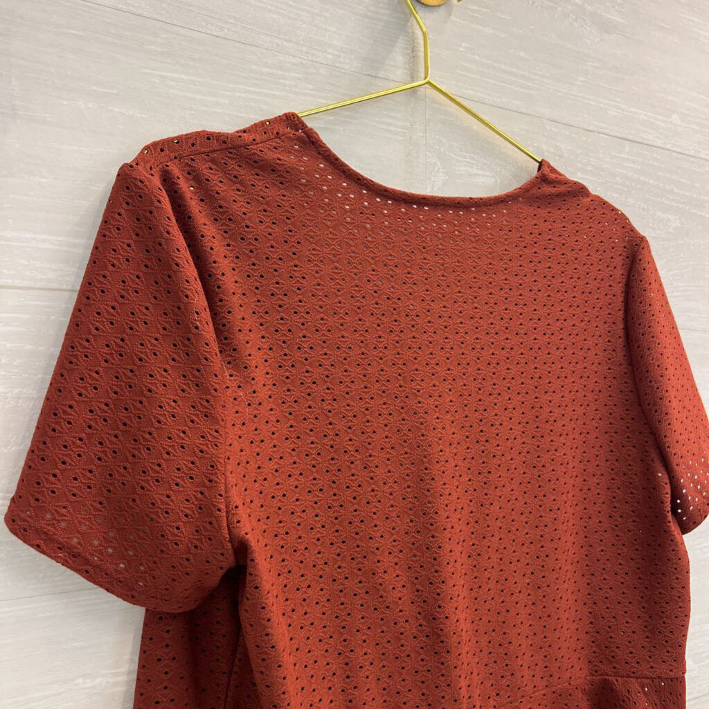 Burnt Orange Short Sleeve Open Tie Front Top Large