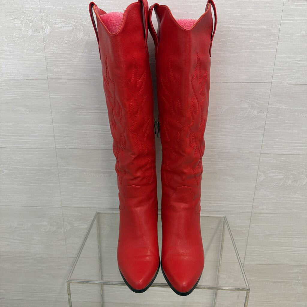 Red Faux Leather Western Tall Boots 9