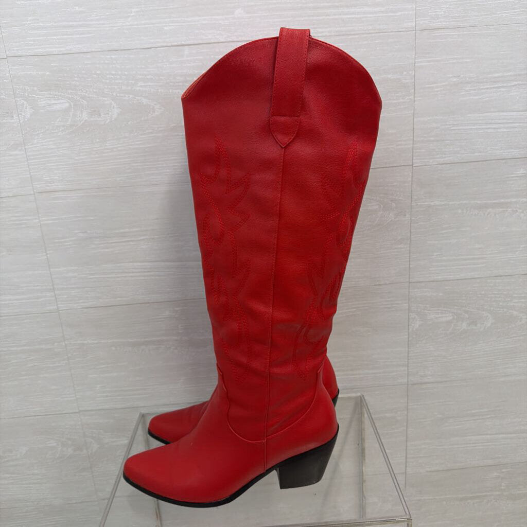 Red Faux Leather Western Tall Boots 9