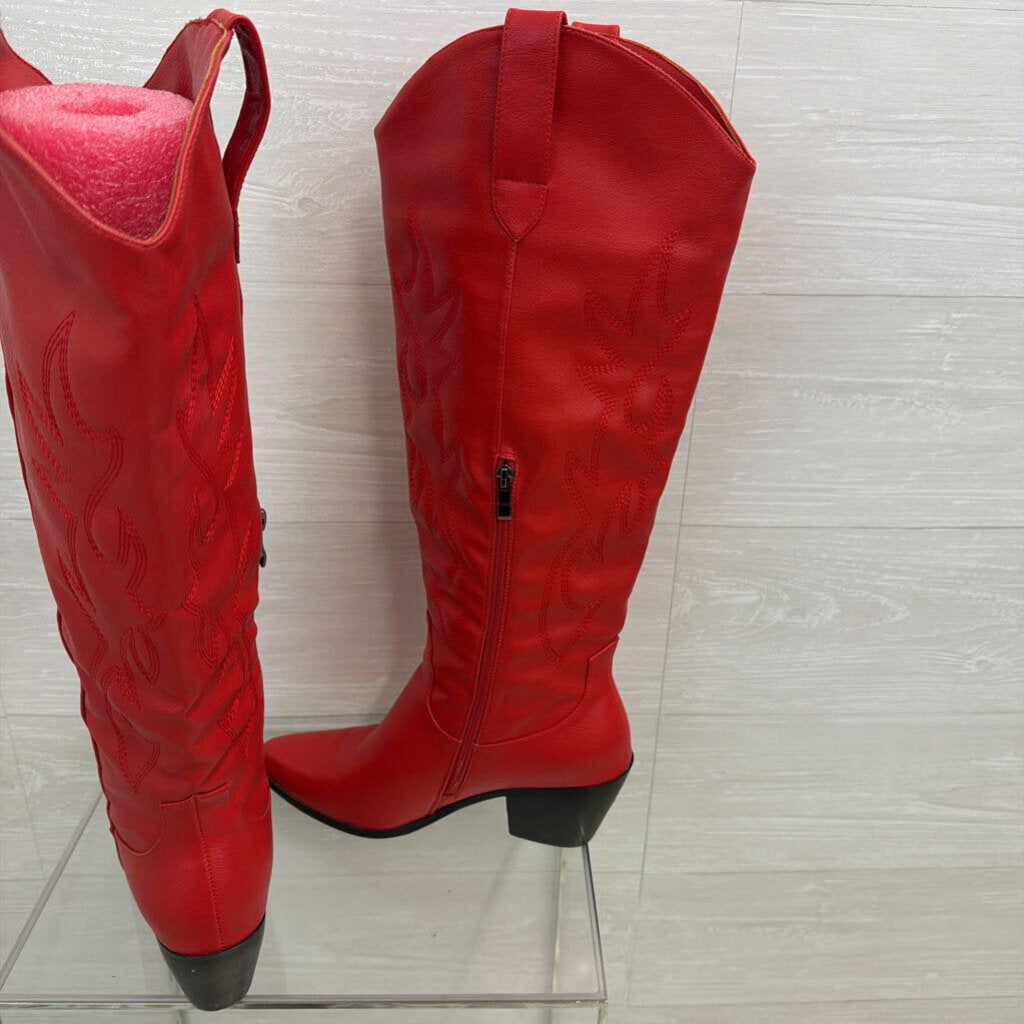 Red Faux Leather Western Tall Boots 9