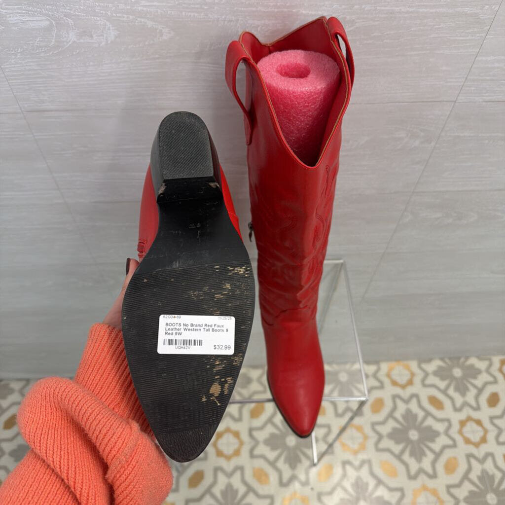 Red Faux Leather Western Tall Boots 9