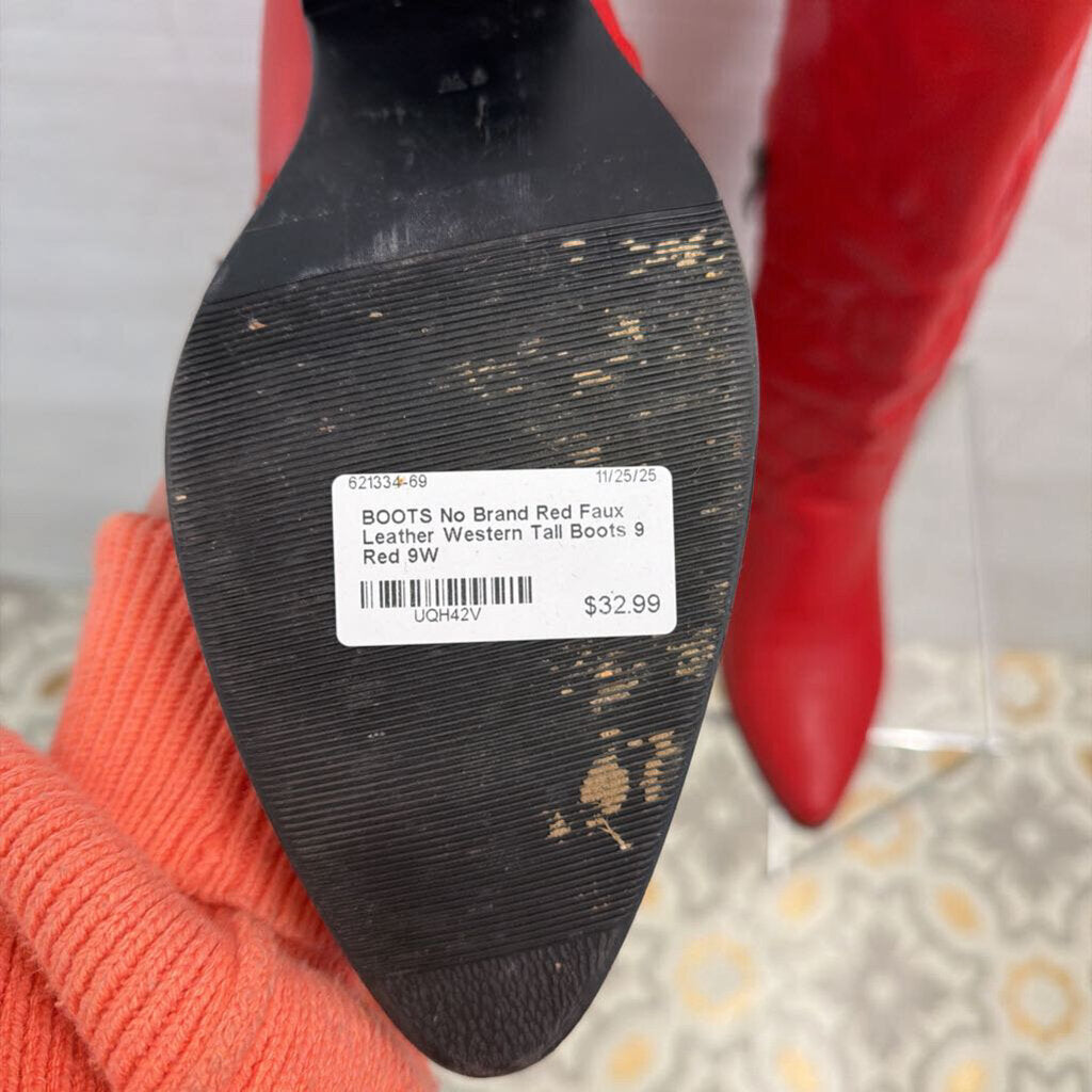 Red Faux Leather Western Tall Boots 9