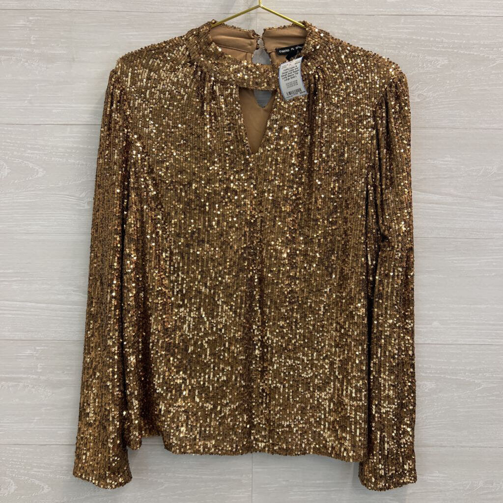 Cable and Gauge Gold Sequin Long Sleeve Top Large