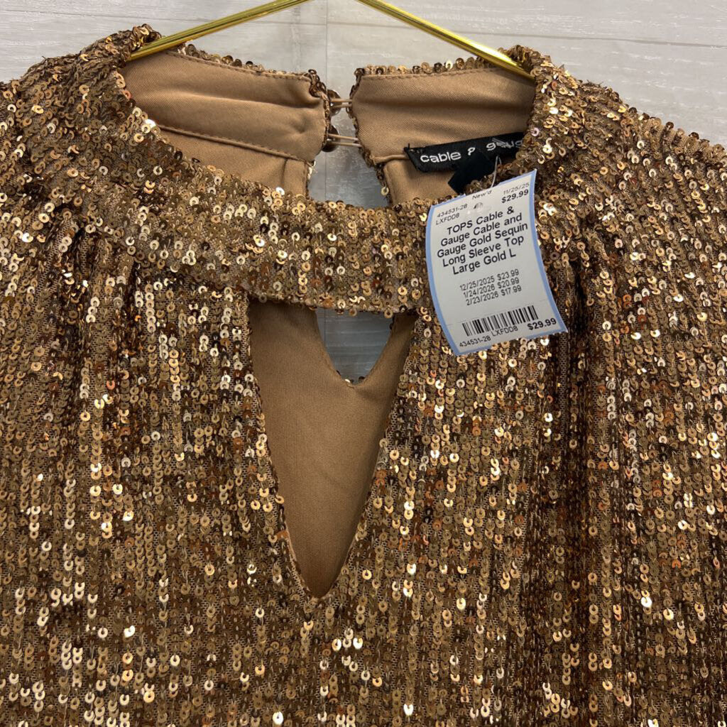 Cable and Gauge Gold Sequin Long Sleeve Top Large