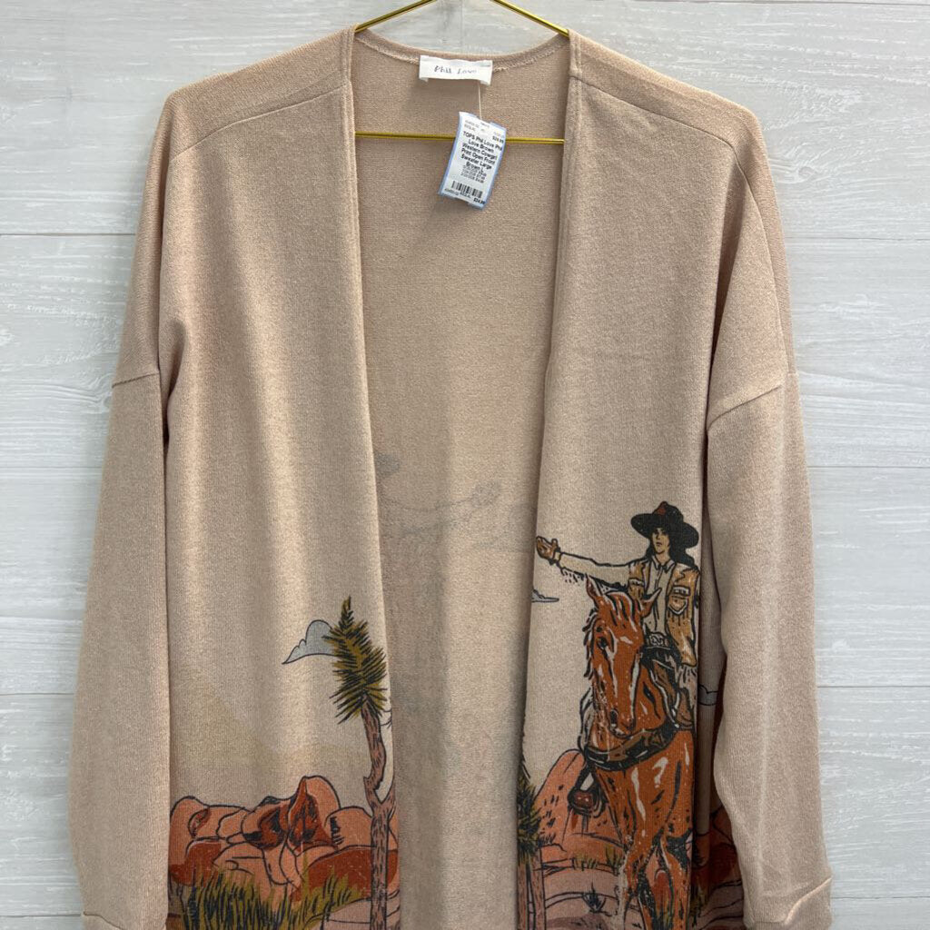 Phil Love Brown Western Cowgirl Print Open Front Sweater Large