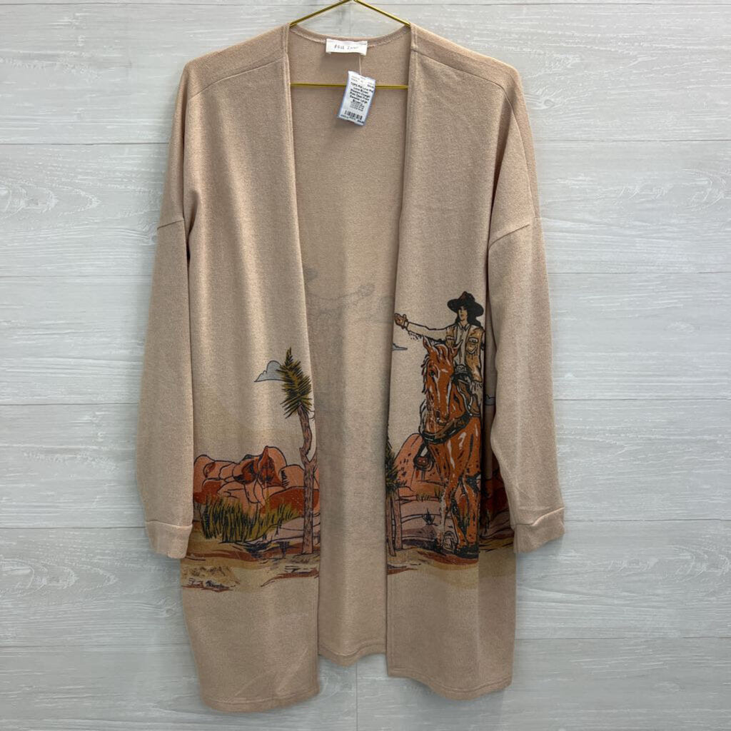 Phil Love Brown Western Cowgirl Print Open Front Sweater Large