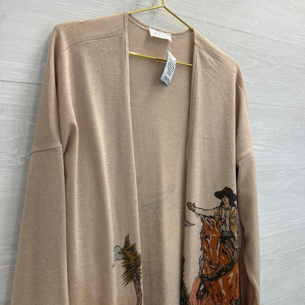 Phil Love Brown Western Cowgirl Print Open Front Sweater Large