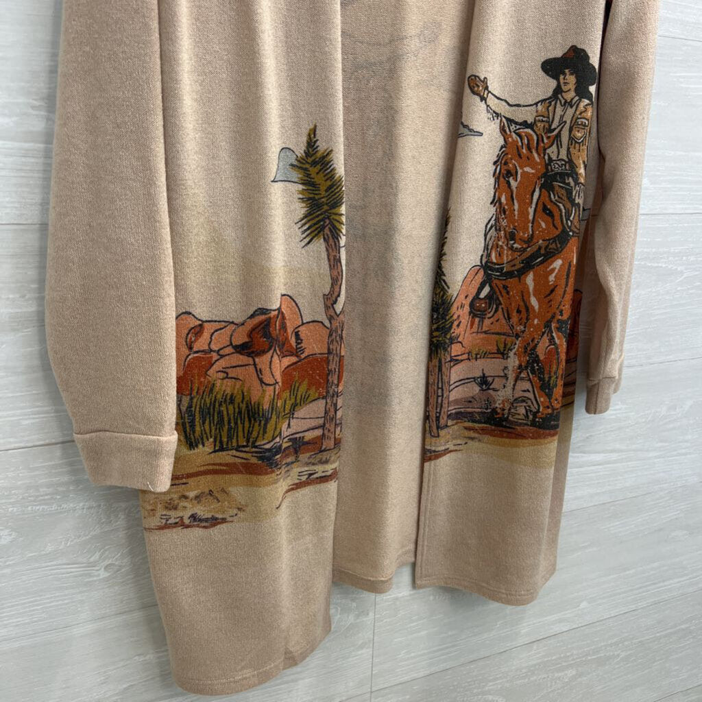 Phil Love Brown Western Cowgirl Print Open Front Sweater Large