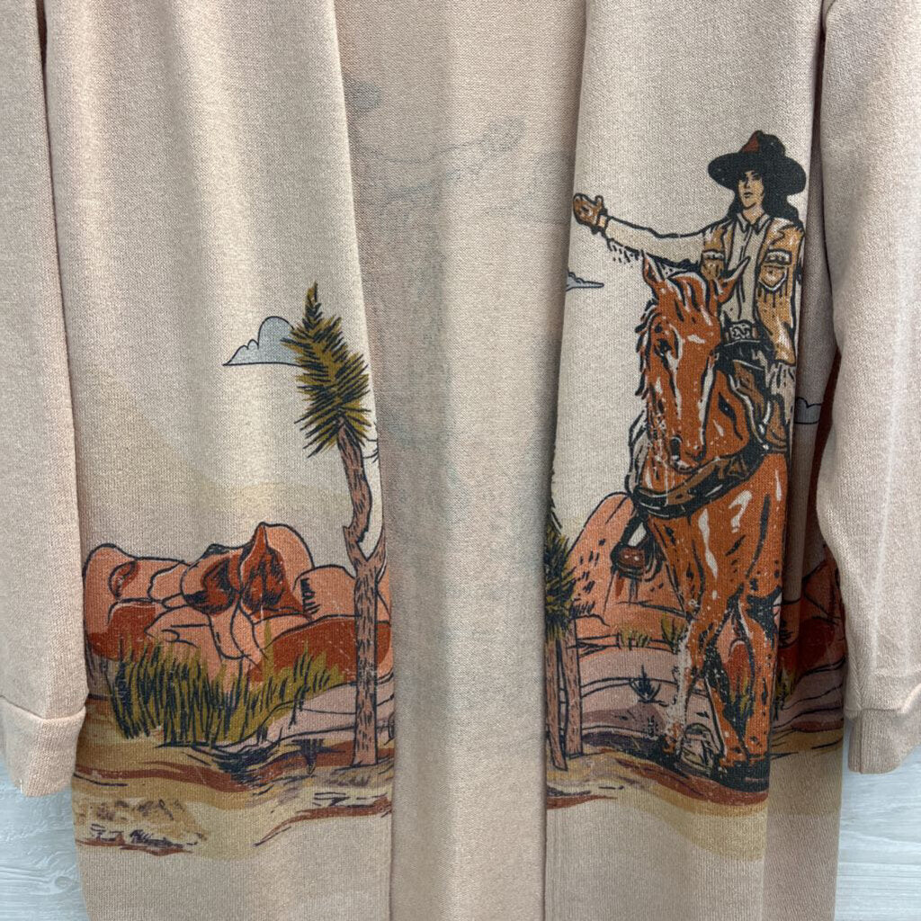 Phil Love Brown Western Cowgirl Print Open Front Sweater Large