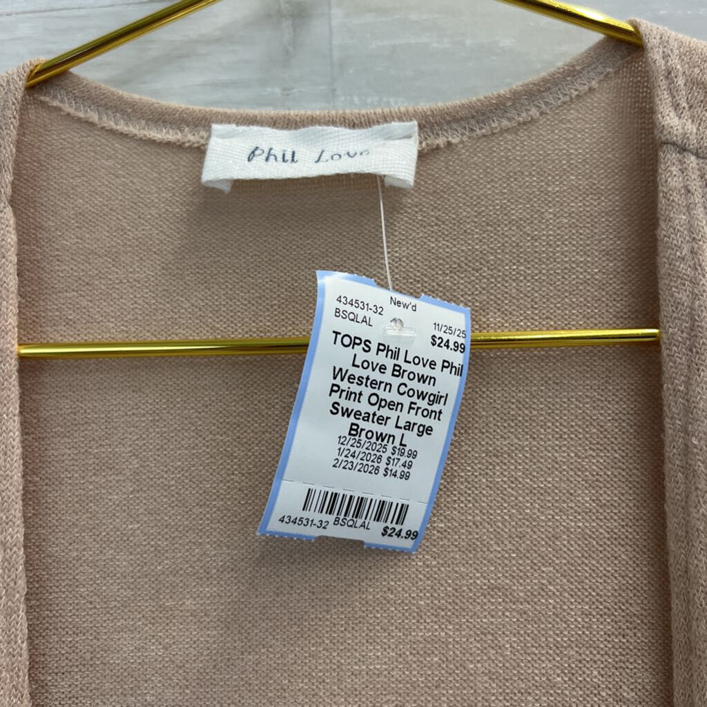 Phil Love Brown Western Cowgirl Print Open Front Sweater Large