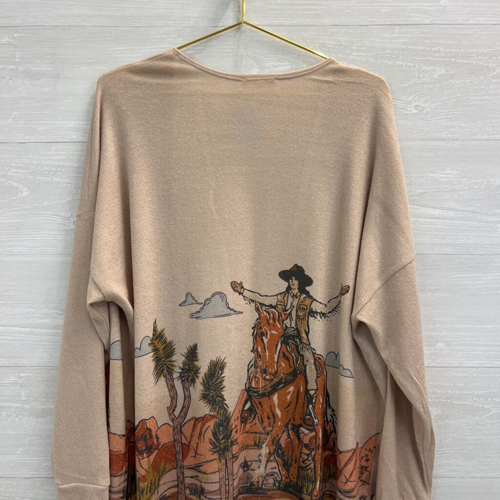Phil Love Brown Western Cowgirl Print Open Front Sweater Large