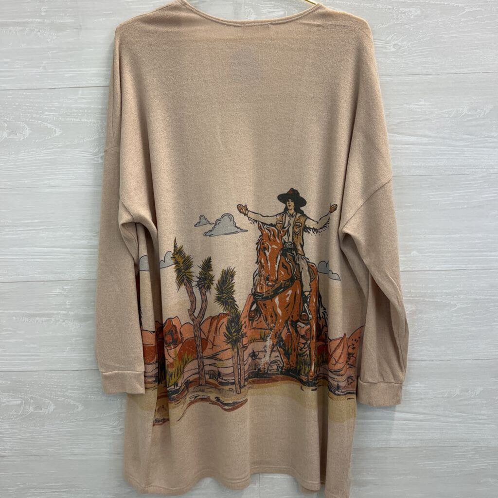 Phil Love Brown Western Cowgirl Print Open Front Sweater Large