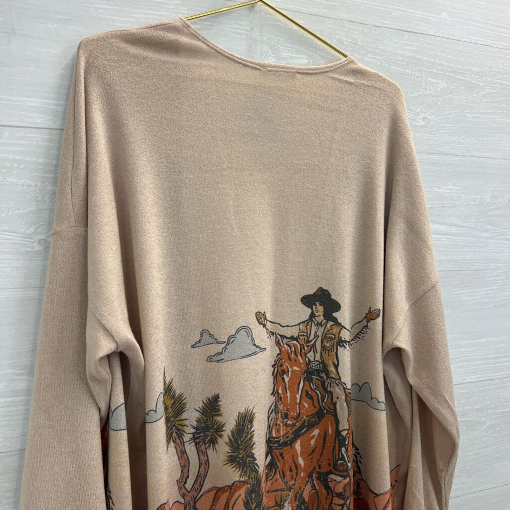 Phil Love Brown Western Cowgirl Print Open Front Sweater Large