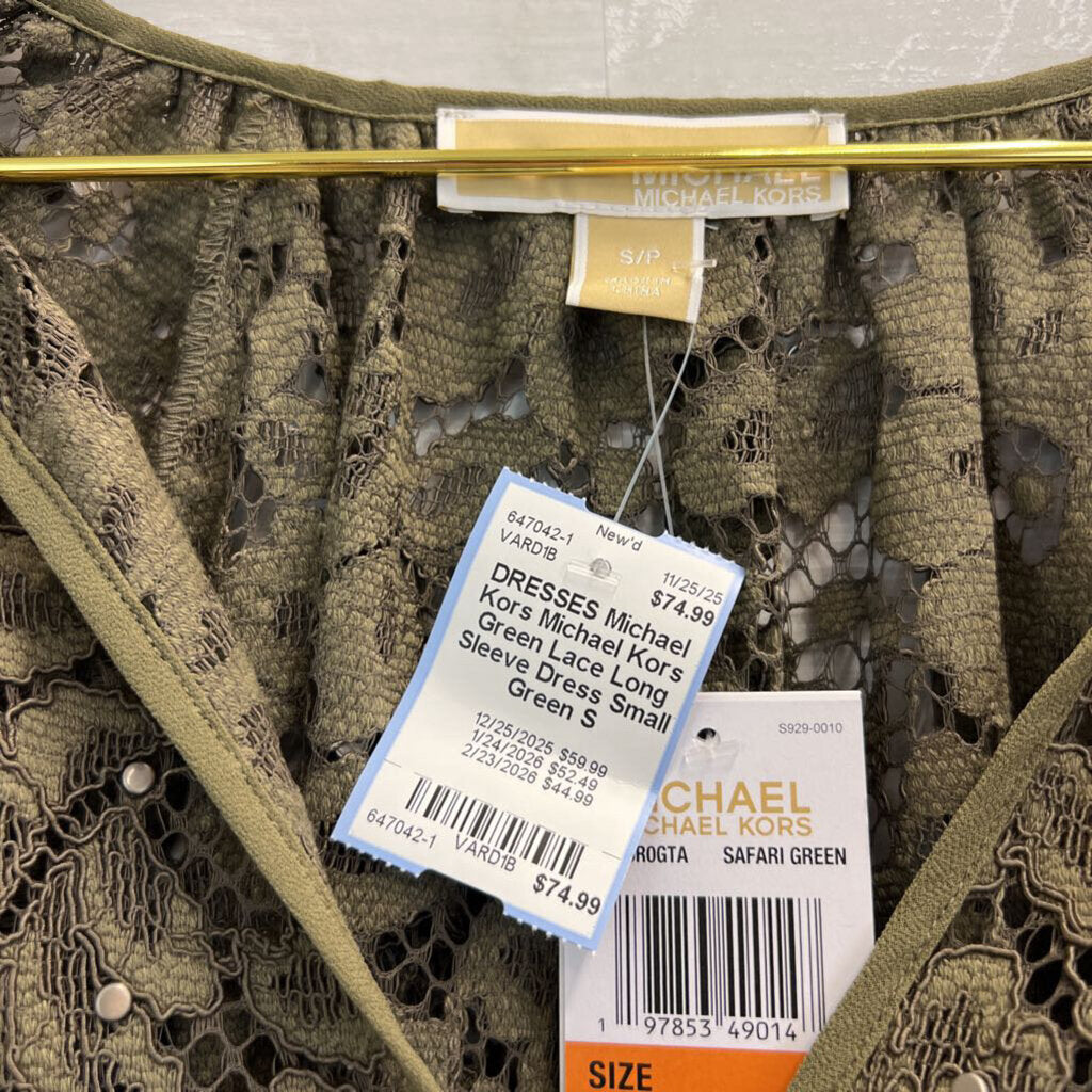 Michael Kors Green Lace Long Sleeve Dress Small