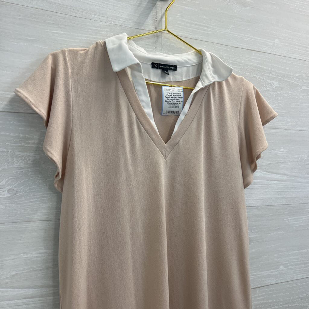 Adrianna Papell White/ Beige Layered Short Sleeve Top Medium