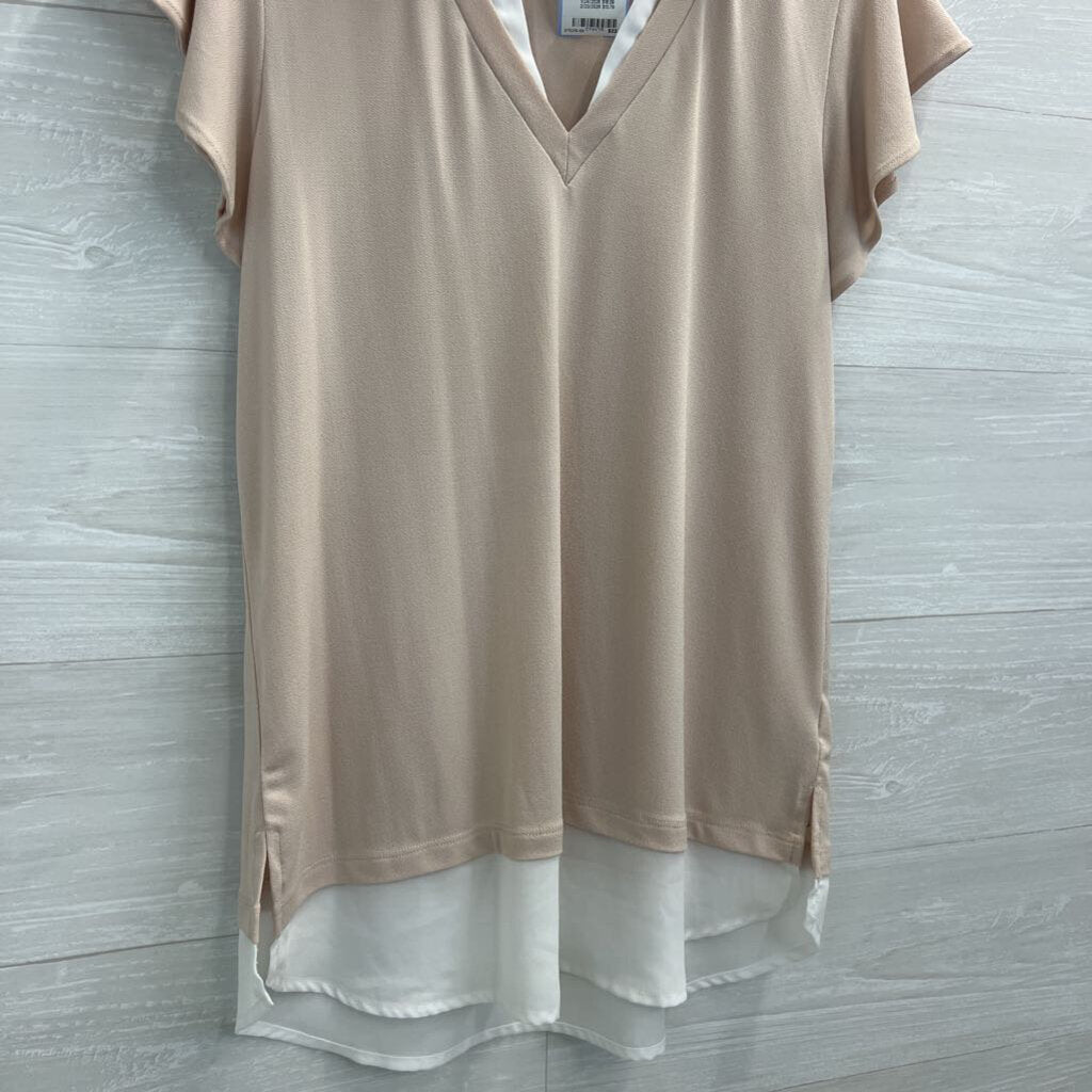 Adrianna Papell White/ Beige Layered Short Sleeve Top Medium