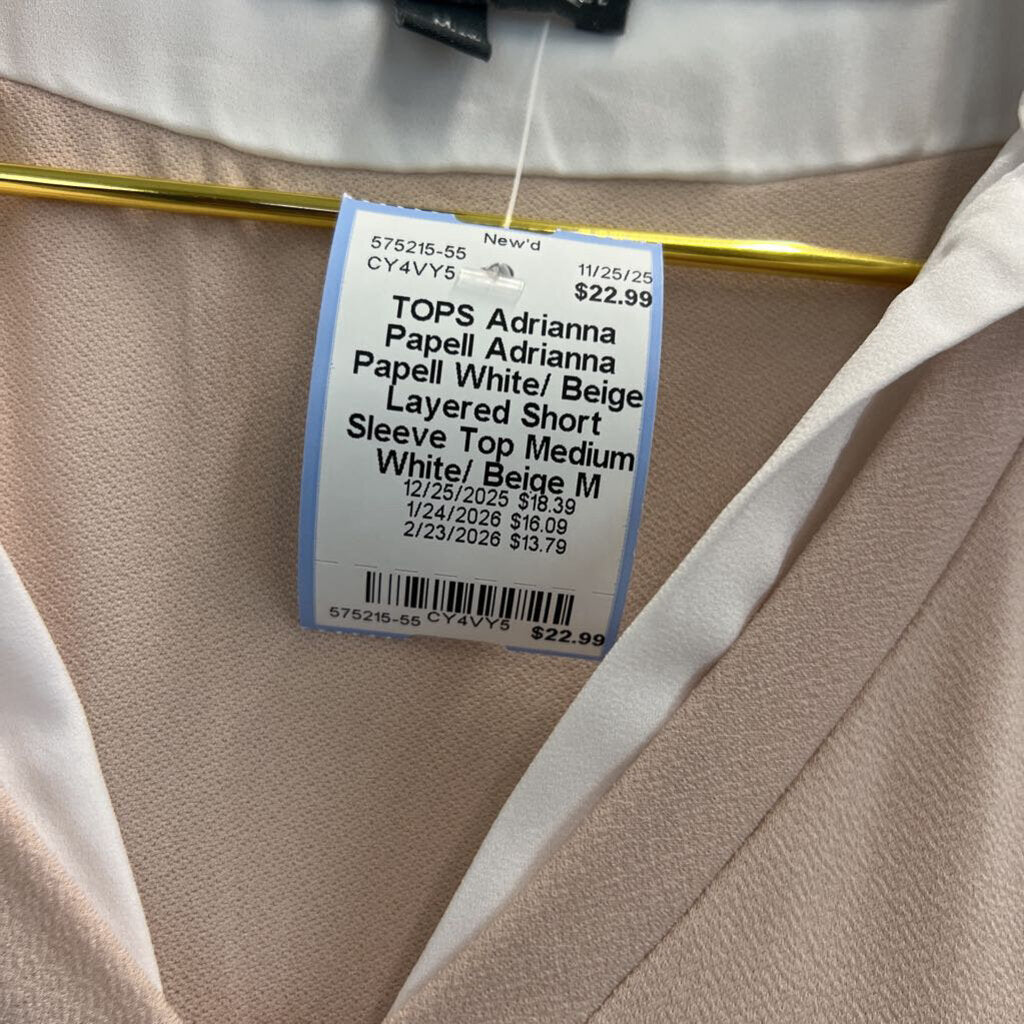 Adrianna Papell White/ Beige Layered Short Sleeve Top Medium