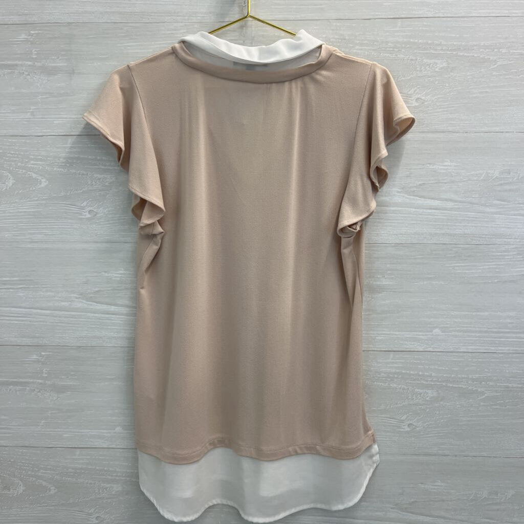 Adrianna Papell White/ Beige Layered Short Sleeve Top Medium
