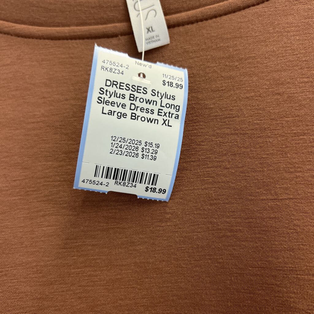Stylus Brown Long Sleeve Dress Extra Large