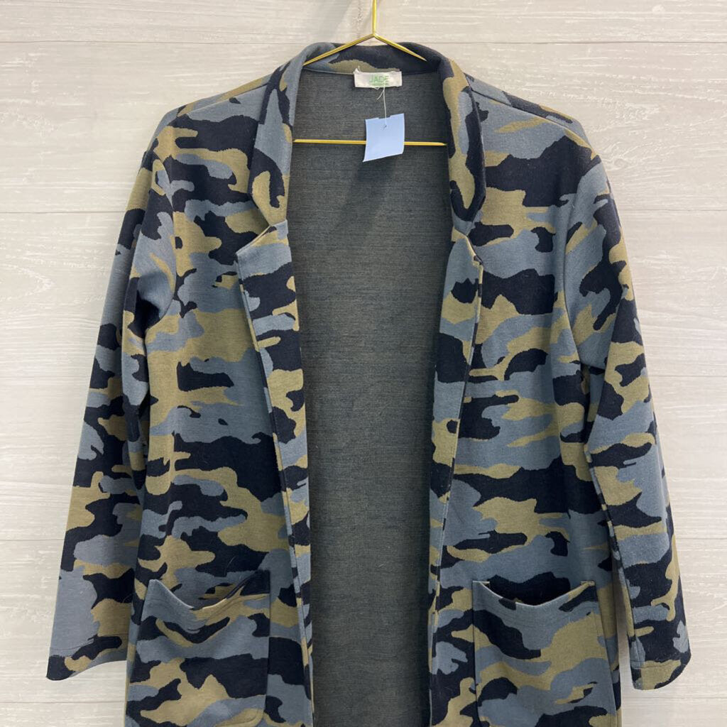 Jade Grey/ Blue/ Green Camo Print Open Front Jacket Top Medium