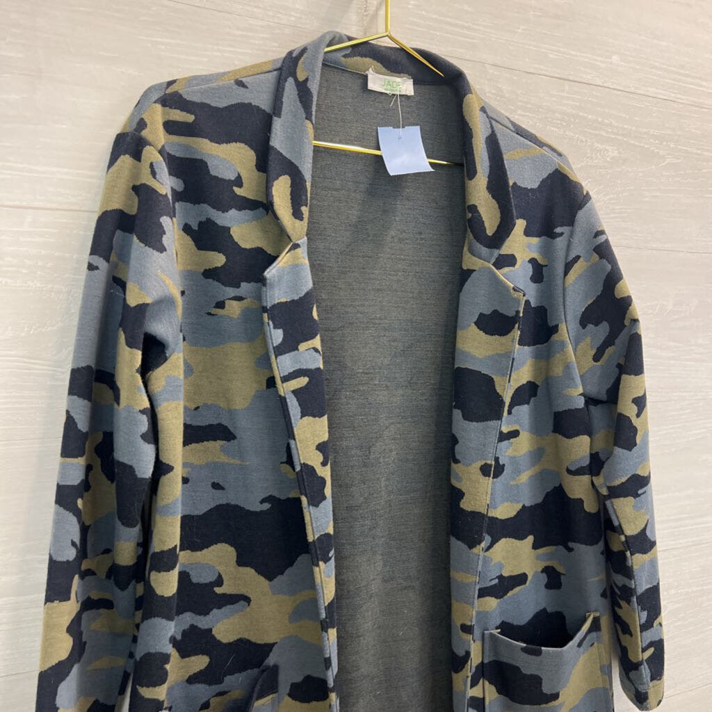 Jade Grey/ Blue/ Green Camo Print Open Front Jacket Top Medium
