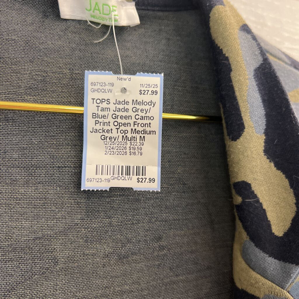 Jade Grey/ Blue/ Green Camo Print Open Front Jacket Top Medium