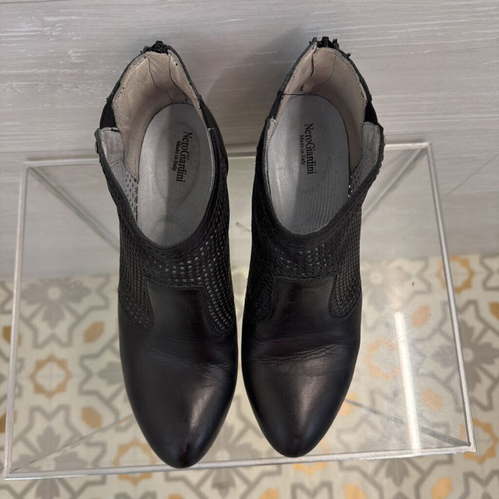 Nero Giardini Black Leather Mesh Round Toe Ankle Boots 38