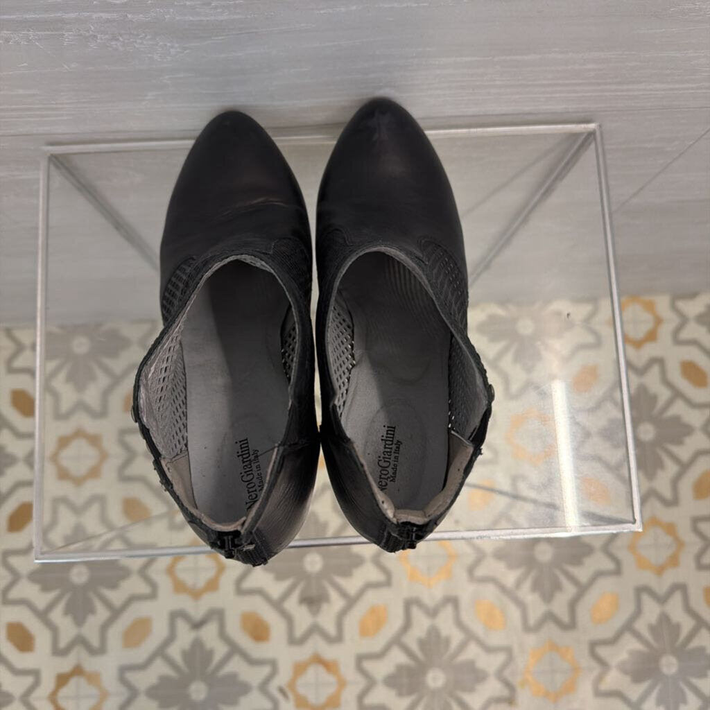 Nero Giardini Black Leather Mesh Round Toe Ankle Boots 38