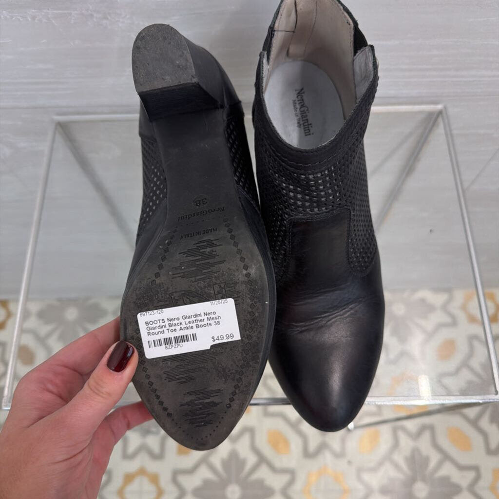 Nero Giardini Black Leather Mesh Round Toe Ankle Boots 38
