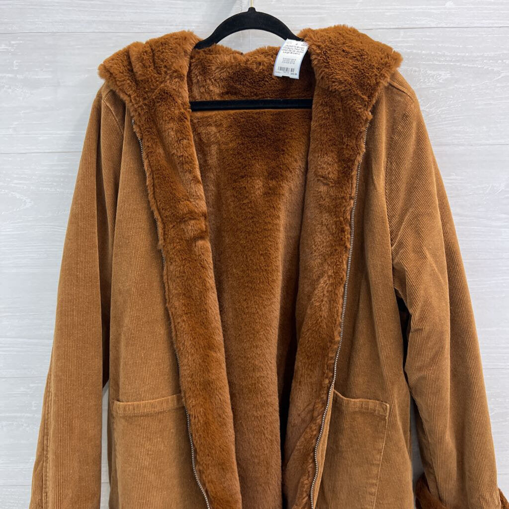 Brown Corduroy Faux Fur Lined Zip Up Jacket Large