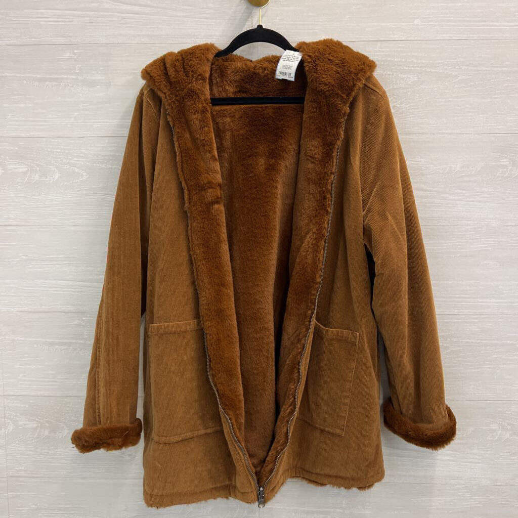 Brown Corduroy Faux Fur Lined Zip Up Jacket Large