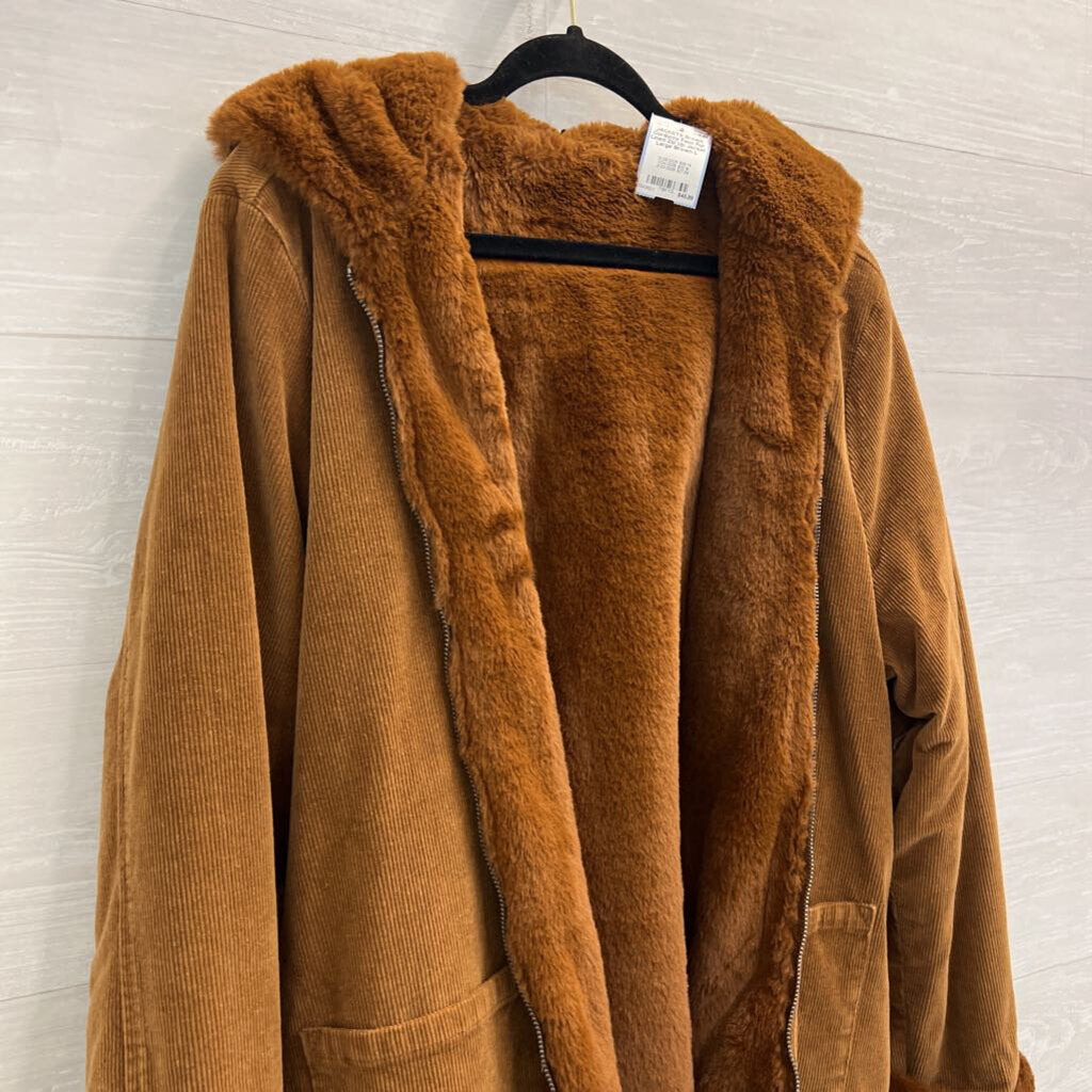 Brown Corduroy Faux Fur Lined Zip Up Jacket Large