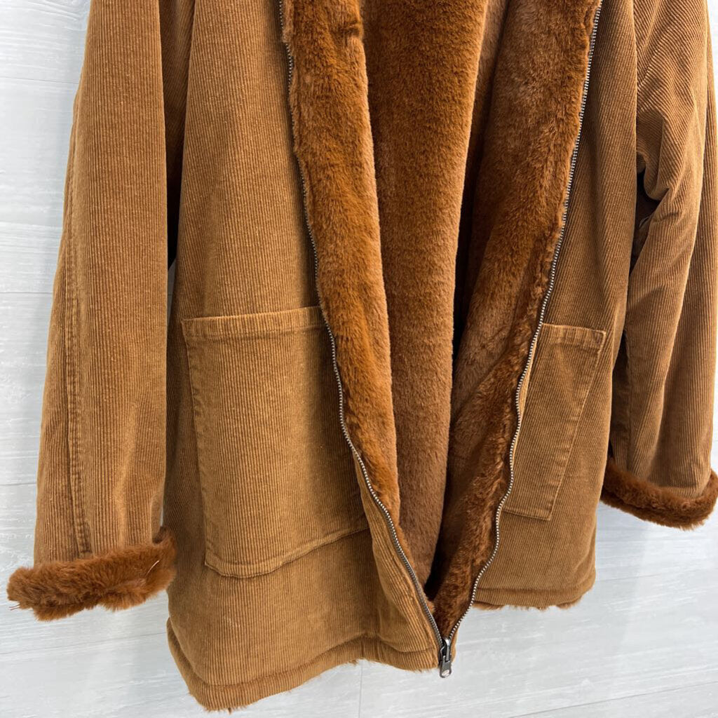 Brown Corduroy Faux Fur Lined Zip Up Jacket Large
