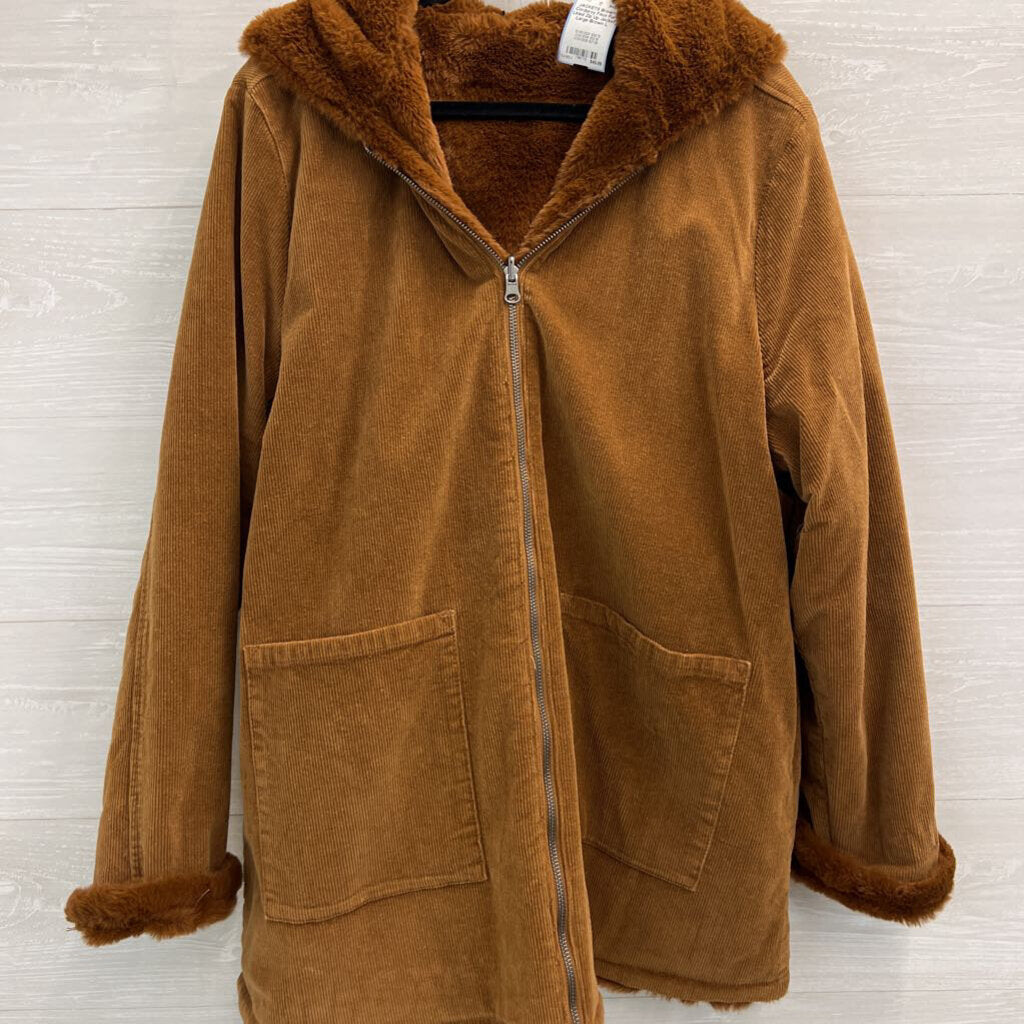 Brown Corduroy Faux Fur Lined Zip Up Jacket Large