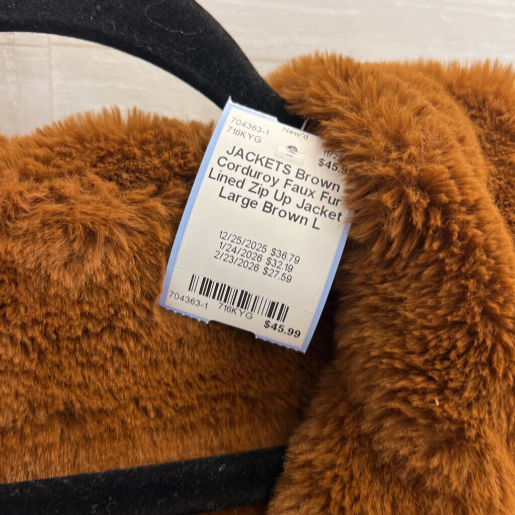 Brown Corduroy Faux Fur Lined Zip Up Jacket Large