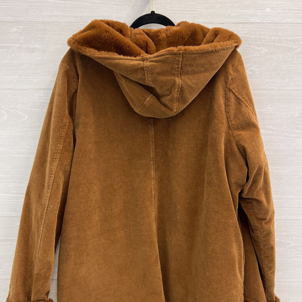 Brown Corduroy Faux Fur Lined Zip Up Jacket Large