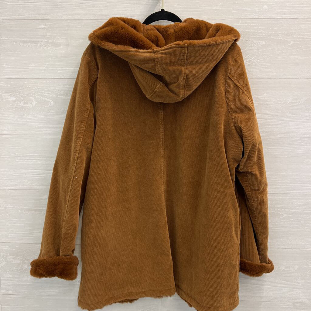 Brown Corduroy Faux Fur Lined Zip Up Jacket Large