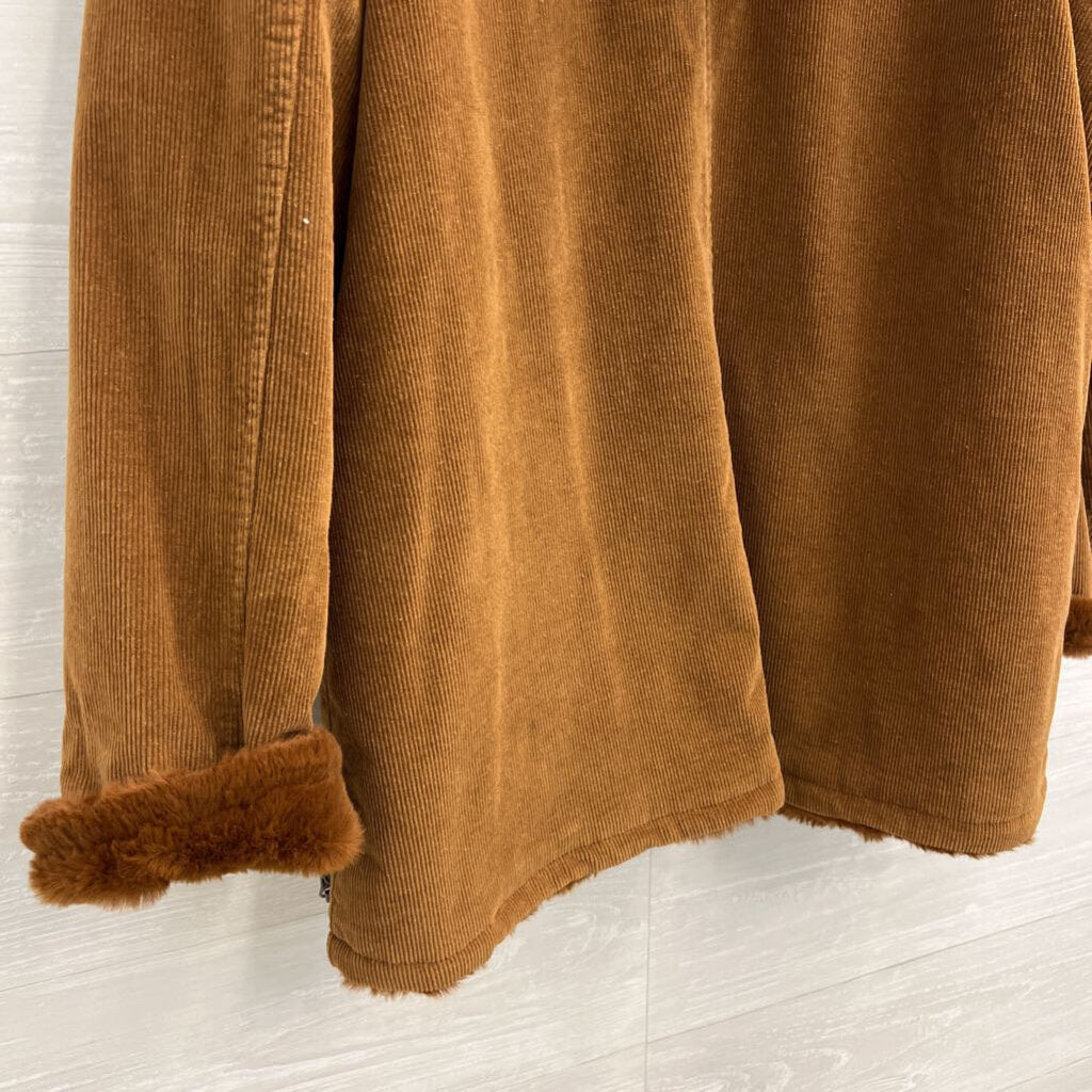Brown Corduroy Faux Fur Lined Zip Up Jacket Large