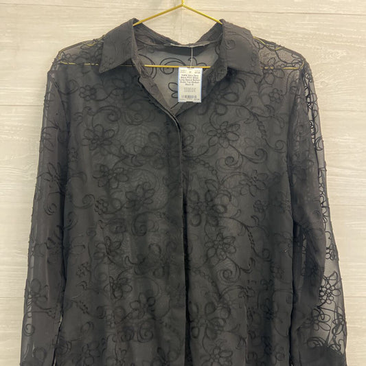Zara Black Print Sheer Long Sleeve Button Down Top Medium